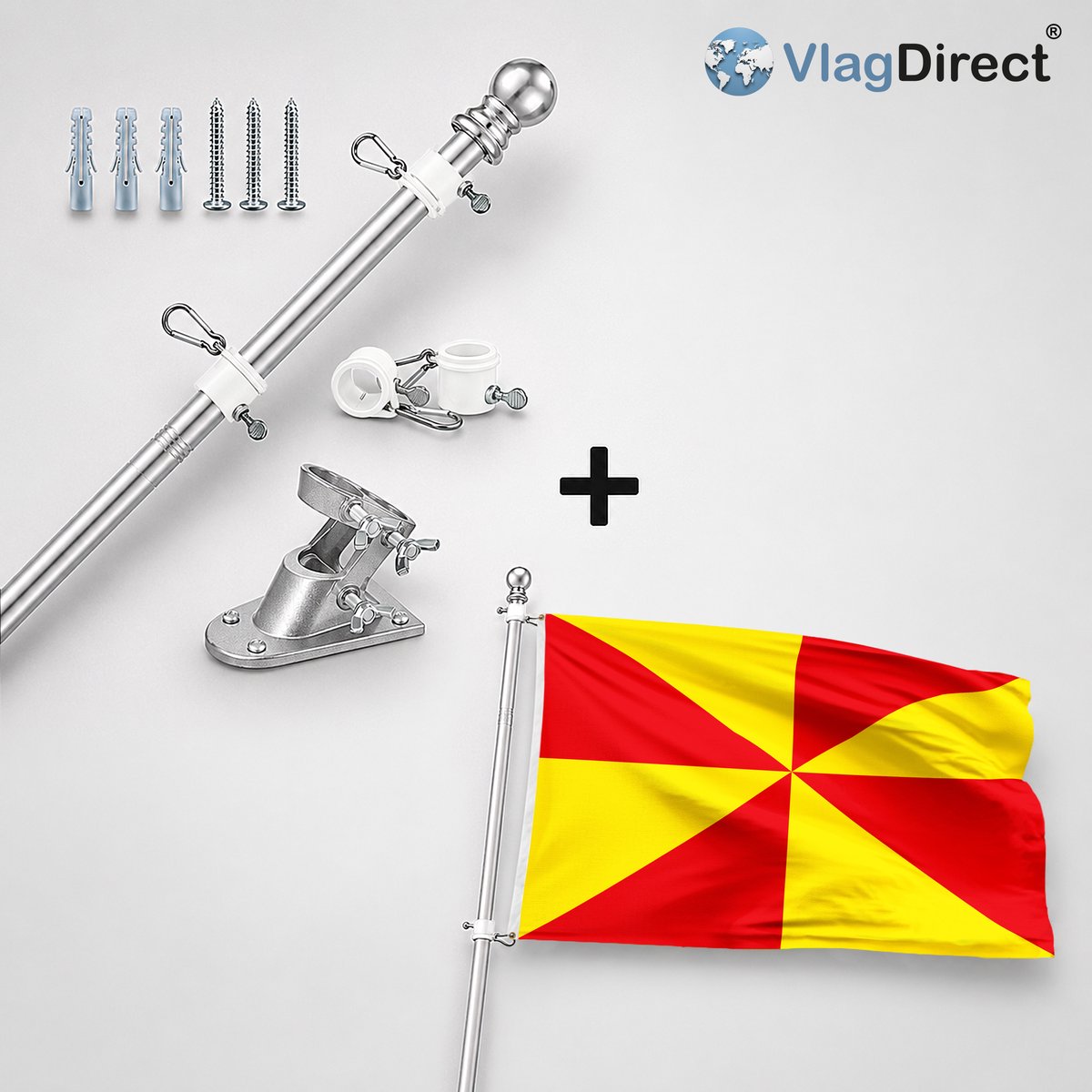 VlagDirect - Compleet vlaggenpakket - Zilveren vlaggenstok inclusief vlaggenstokhouder + Gemeente Zele vlag - 90 x 150 cm.