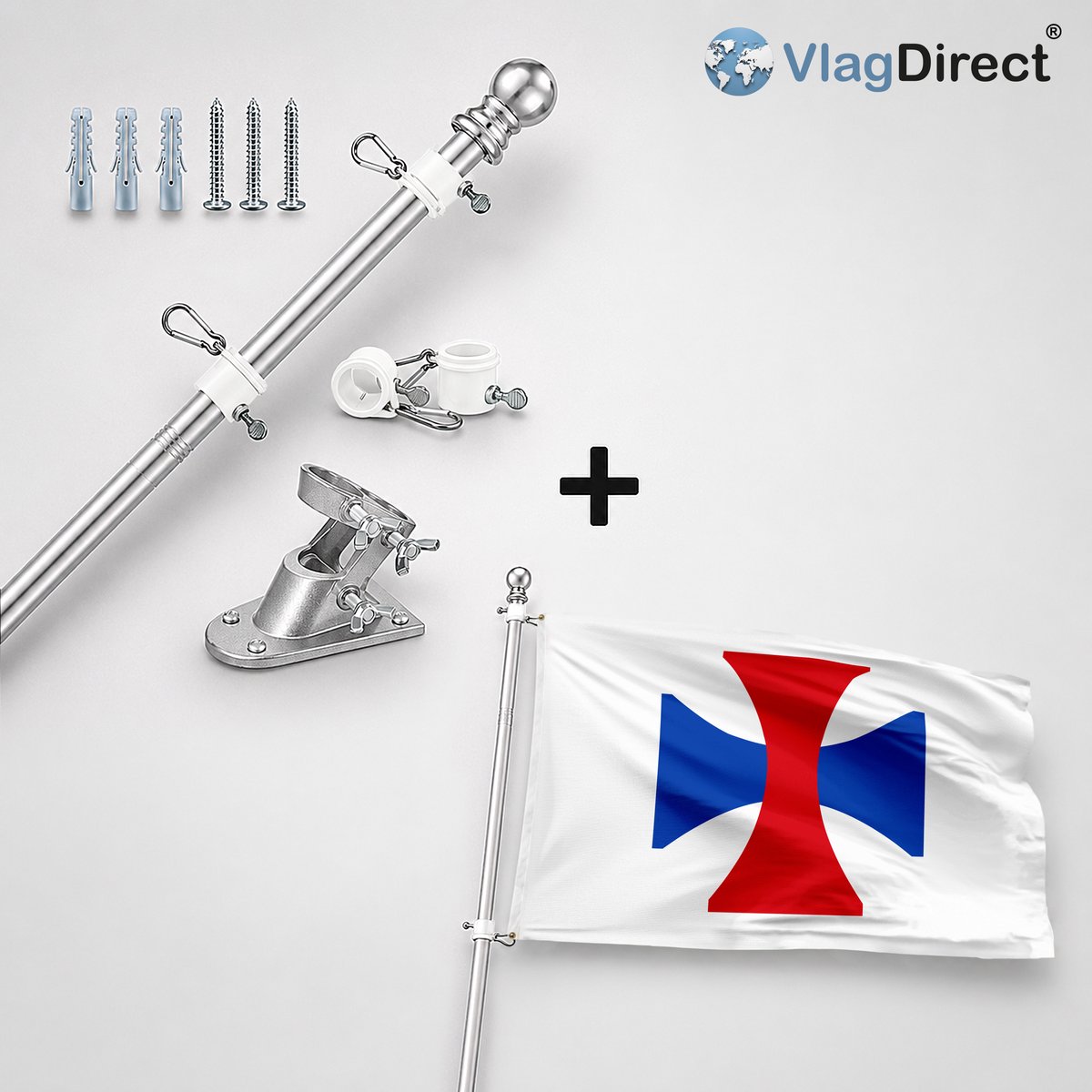 VlagDirect - Compleet vlaggenpakket - Zilveren vlaggenstok inclusief vlaggenstokhouder + Gemeente Walhain vlag - 90 x 150 cm.