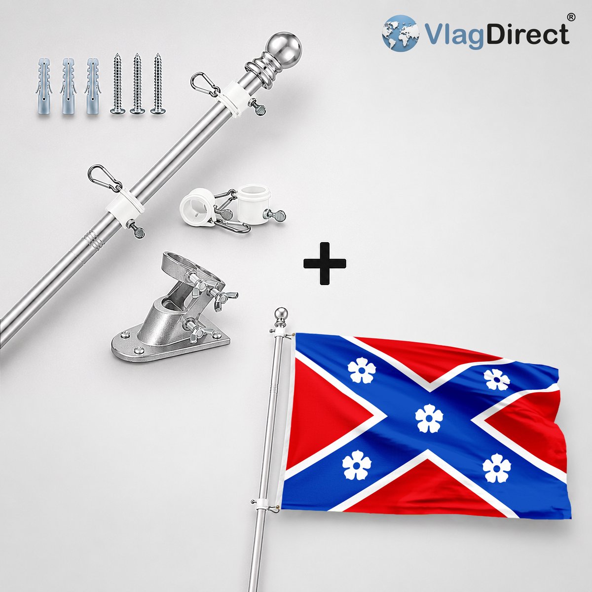 VlagDirect - Compleet vlaggenpakket - Zilveren vlaggenstok inclusief vlaggenstokhouder + Gemeente Frasnes-lez-Anvaing vlag - 90 x 150 cm.