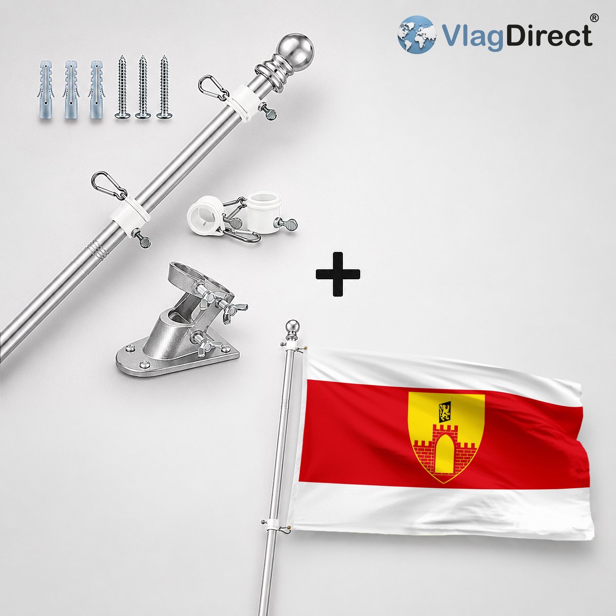 VlagDirect - Compleet vlaggenpakket - Zilveren vlaggenstok inclusief vlaggenstokhouder + Merchtemse vlag - Gemeente Merchtem vlag - 90 x 150 cm.