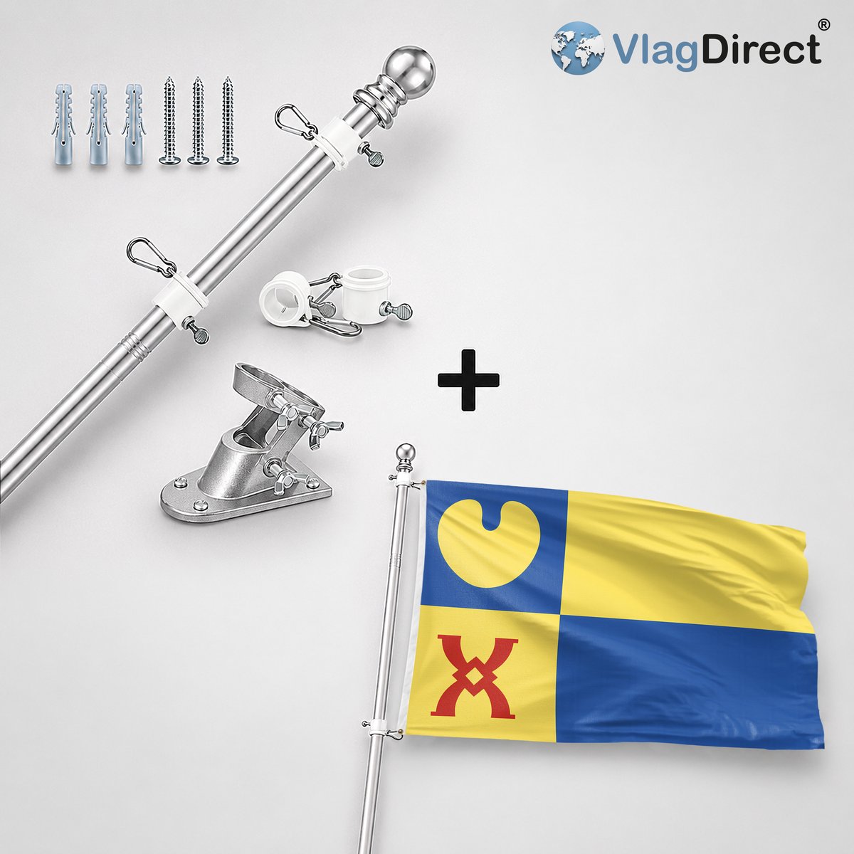 VlagDirect - Compleet vlaggenpakket - Zilveren vlaggenstok inclusief vlaggenstokhouder + Geldrop-Mierlo vlag - Gemeente Geldrop-Mierlo vlag - 90 x 150 cm.