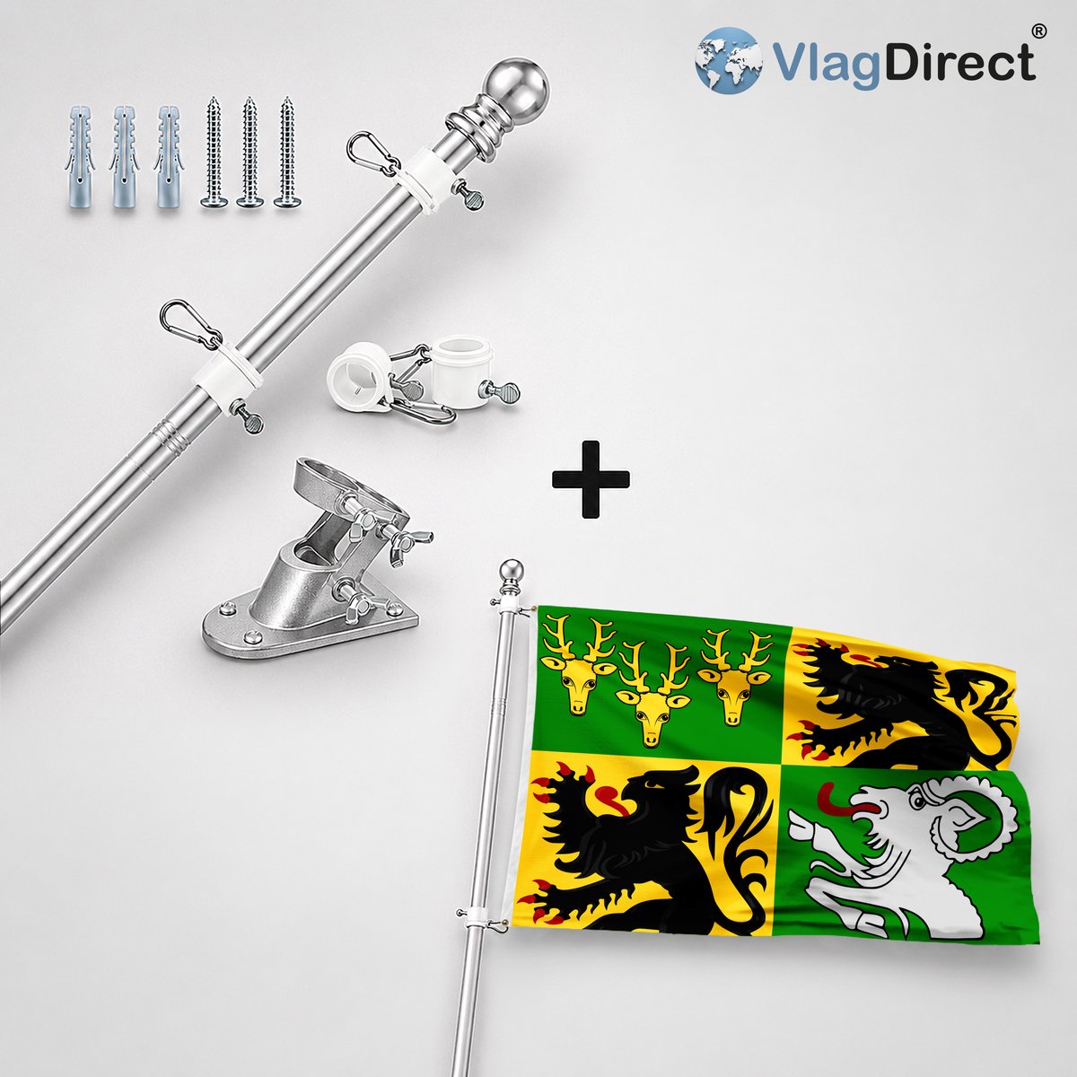 VlagDirect - Compleet vlaggenpakket - Zilveren vlaggenstok inclusief vlaggenstokhouder + Oostrozebeekse vlag - Gemeente Oostrozebeke vlag - 90 x 150 cm.