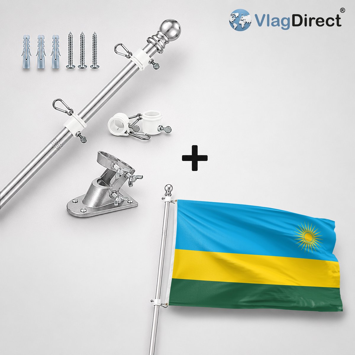 VlagDirect - Compleet vlaggenpakket - Zilveren vlaggenstok inclusief vlaggenstokhouder + Rwandese vlag - Rwanda vlag - 90 x 150 cm