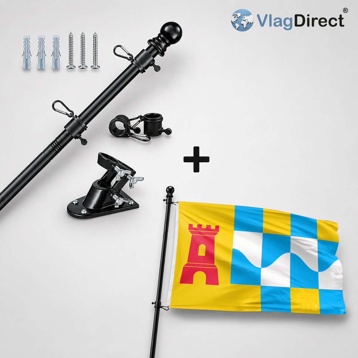 VlagDirect - Compleet vlaggenpakket - Zwarte vlaggenstok inclusief vlaggenstokhouder + Overbetuwe vlag - Gemeente Overbetuwe vlag - 90 x 150 cm.
