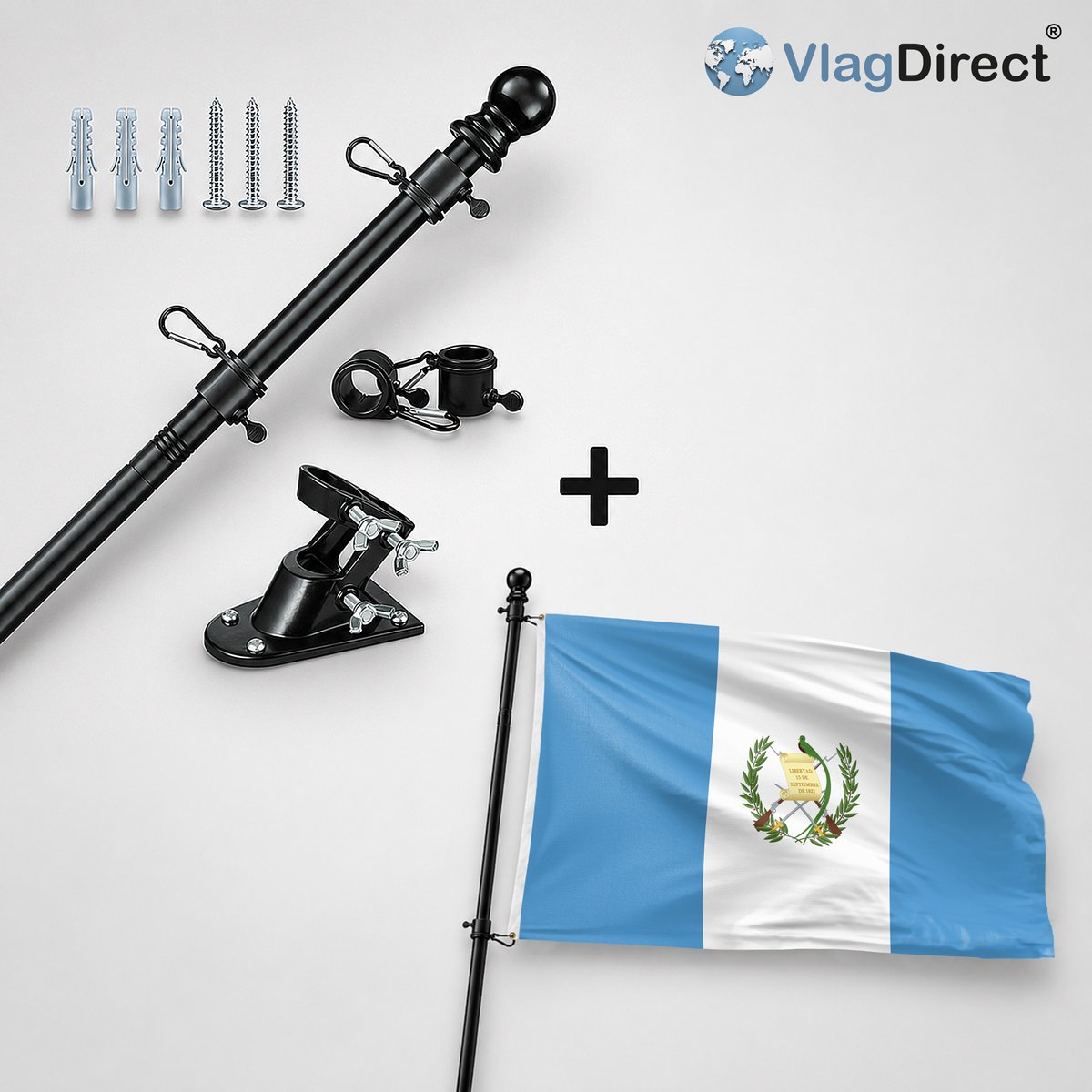 VlagDirect - Compleet vlaggenpakket - Zwarte vlaggenstok inclusief vlaggenstokhouder + Guatemalteekse vlag - Guatemala vlag - 90 x 150 cm