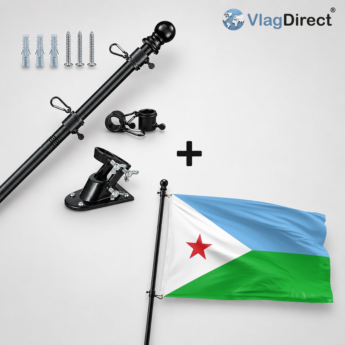 VlagDirect - Compleet vlaggenpakket - Zwarte vlaggenstok inclusief vlaggenstokhouder + Djiboutiaanse vlag - Djibouti vlag - 90 x 150 cm.