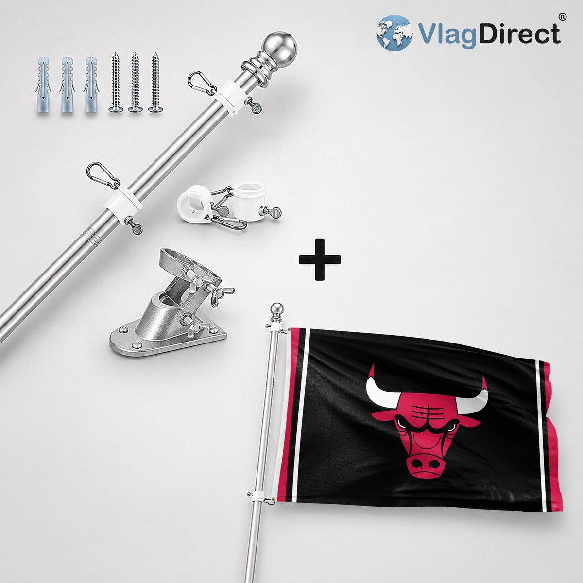VlagDirect - Compleet vlaggenpakket - Zilveren vlaggenstok inclusief vlaggenstokhouder + Chicago Bulls vlag - Chicago Bulls basketbalteam vlag - 90 x 150 cm.