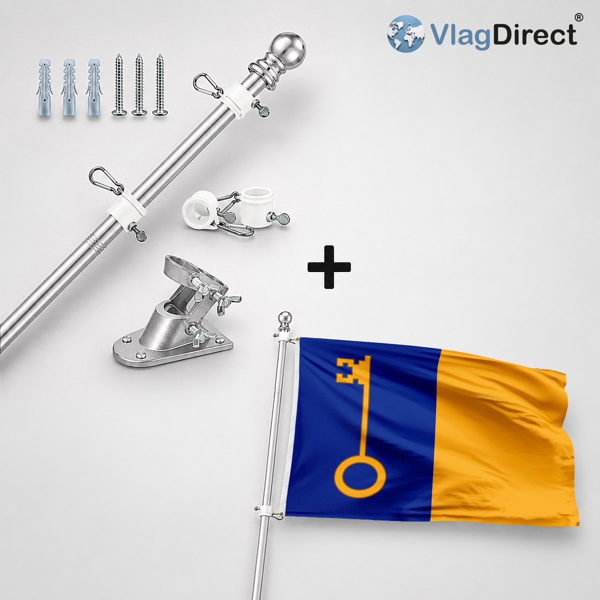 VlagDirect - Compleet vlaggenpakket - Zilveren vlaggenstok inclusief vlaggenstokhouder + Herenthoutse vlag - Gemeente Herenthout vlag - 90 x 150 cm.