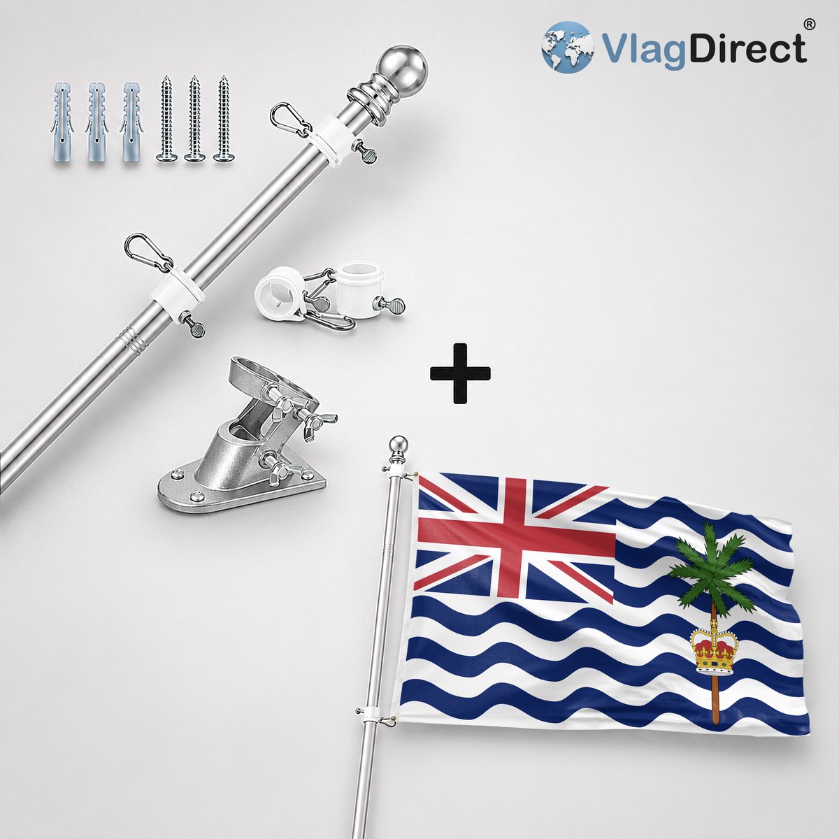 VlagDirect - Compleet vlaggenpakket - Zilveren vlaggenstok inclusief vlaggenstokhouder + Brits Indische Oceaanterritorium vlag - Brits Indische Oceaanterritorium vlag - 90 x 150 cm.