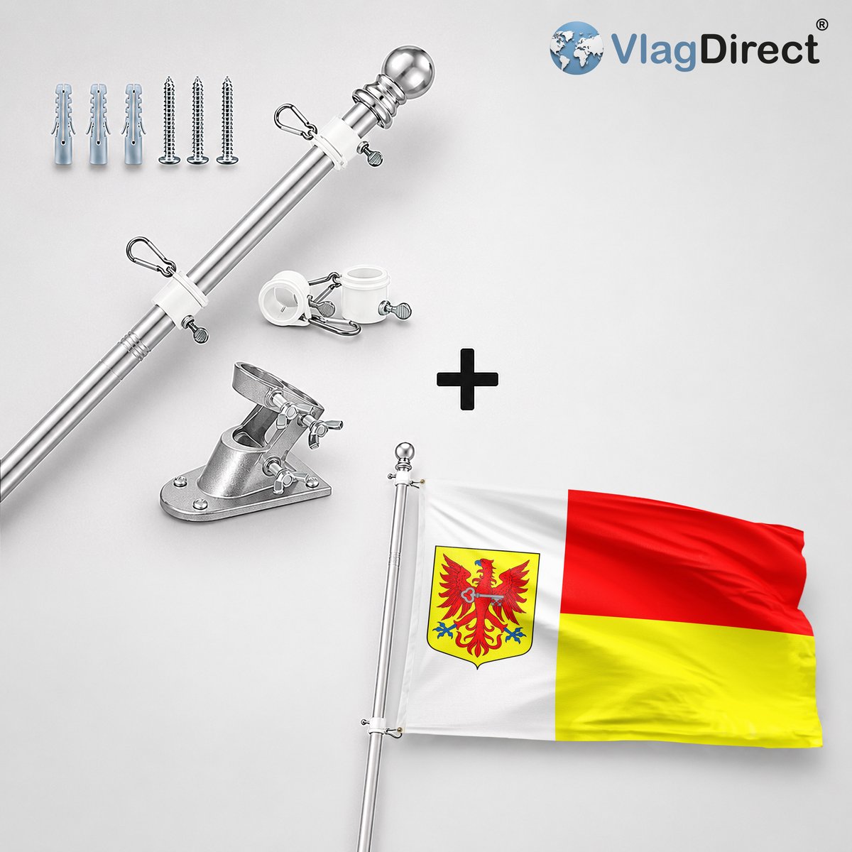 VlagDirect - Compleet vlaggenpakket - Zilveren vlaggenstok inclusief vlaggenstokhouder + Apeldoorn vlag - Gemeente Apeldoorn vlag - 90 x 150 cm.