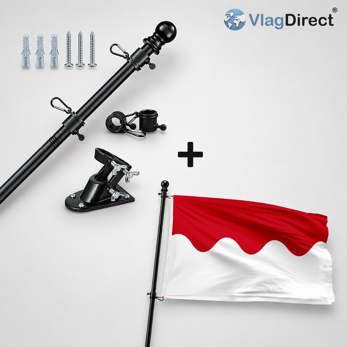 VlagDirect - Compleet vlaggenpakket - Zwarte vlaggenstok inclusief vlaggenstokhouder + Gemeente Chaumont-Gistoux vlag - 90 x 150 cm.