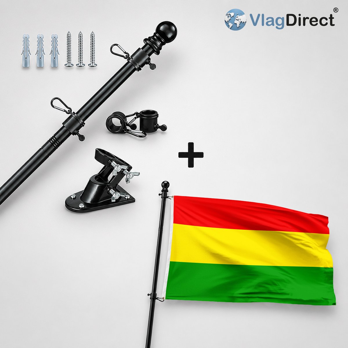 VlagDirect - Compleet vlaggenpakket - Zwarte vlaggenstok inclusief vlaggenstokhouder + Gemeente Houthalen-Helchteren vlag - 90 x 150 cm.