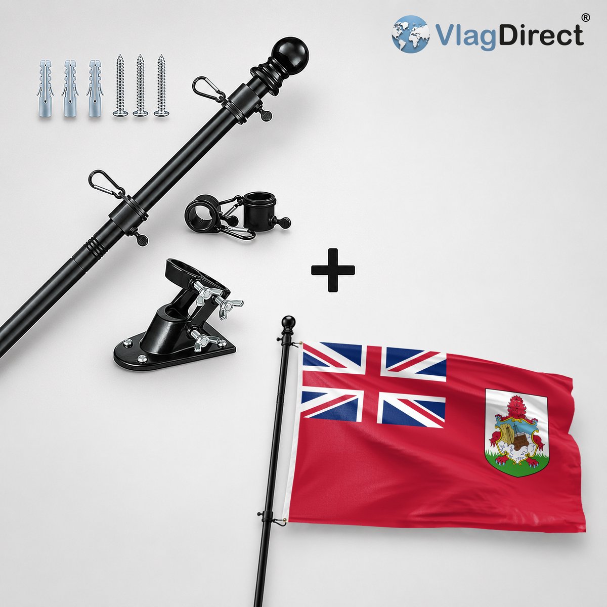 VlagDirect - Compleet vlaggenpakket - Zwarte vlaggenstok inclusief vlaggenstokhouder + Bermudaanse vlag - Bermuda vlag - 90 x 150 cm.