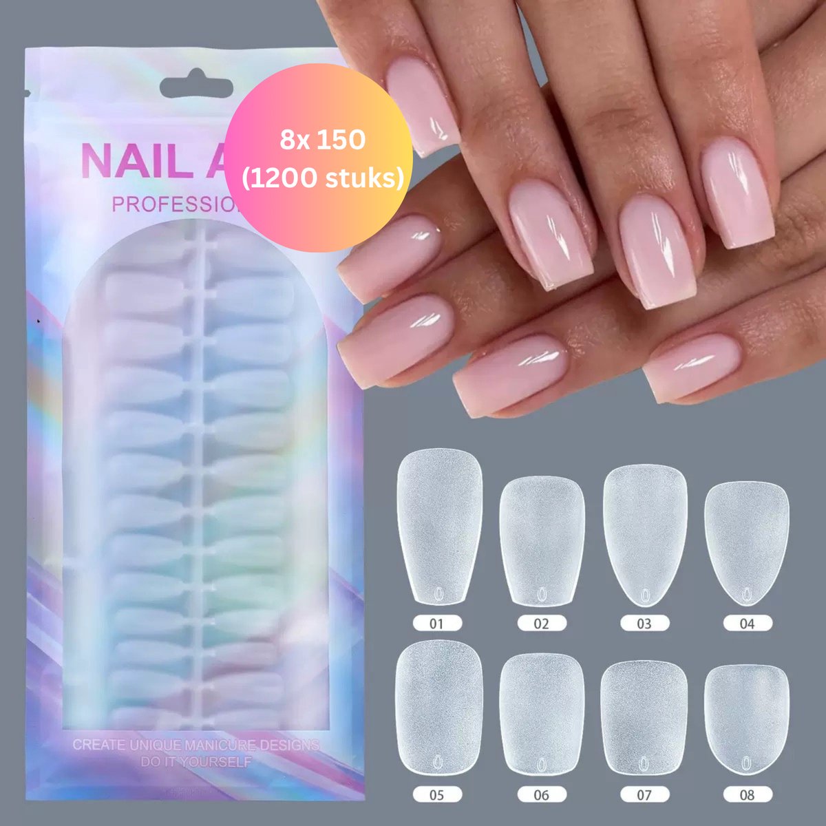 CACCIO® Soft Gel Nageltips - 15 Maten - 8x150 (1200 stuks) - Transparante Full Cover Nageltips - Kunstnagels voor Gel & Nail Art - ageltips-soft gel nageltips-kunstnagels-gel tips-nail tips-nagelverlenging, nepnagels-gel nagels-manicure-nagelstudio