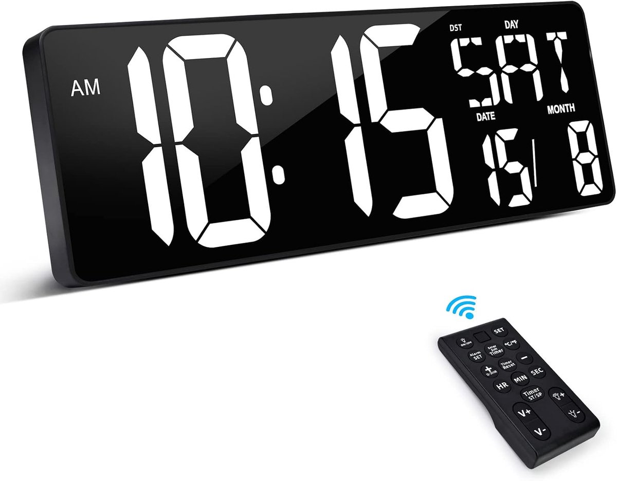 XREXS LED Wall Clock with Remote Control, 16.5 Inch with Adjustable Brightness, Time, Date and Temperature - ShopVlot