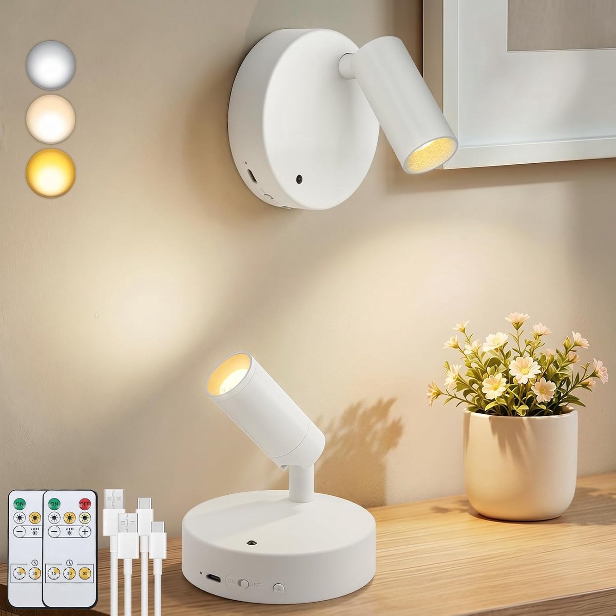 Kambo Wireless LED Spotlights Rechargeable White Pack of 2 - 3000mAh, 3 color temperatures, Dimmable, Remote control - ShopVlot