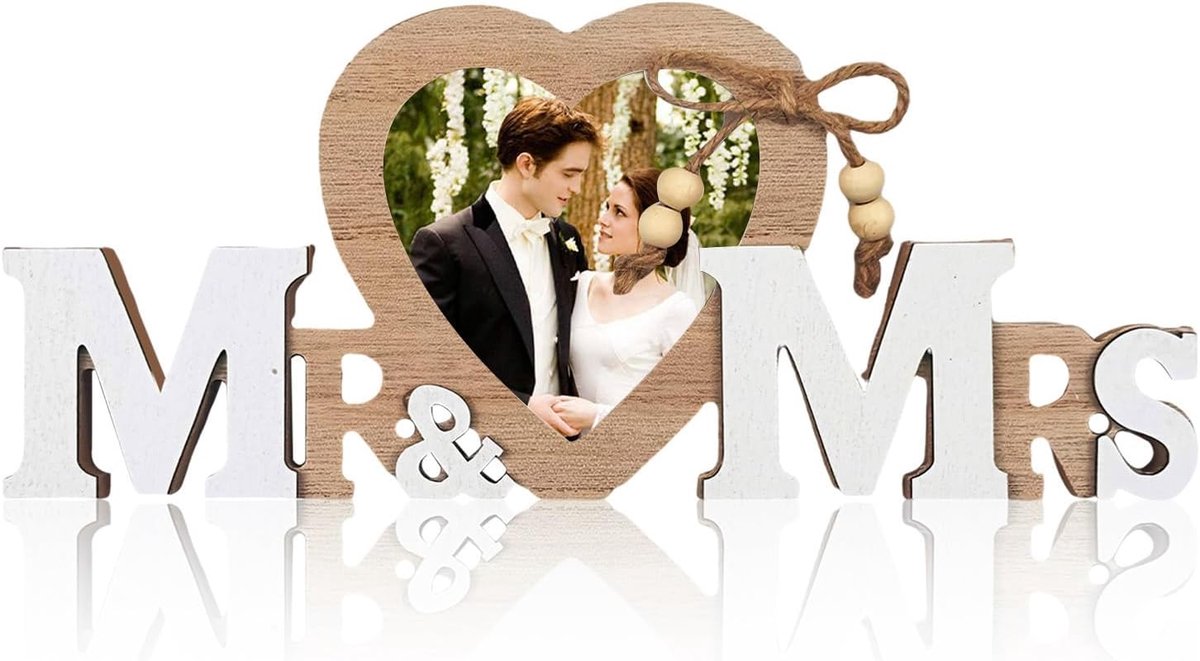 Houten fotolijst Mr & Mrs met hartje - bruiloft fotolijst wit houten fotolijstje voor bruid en bruidegom
