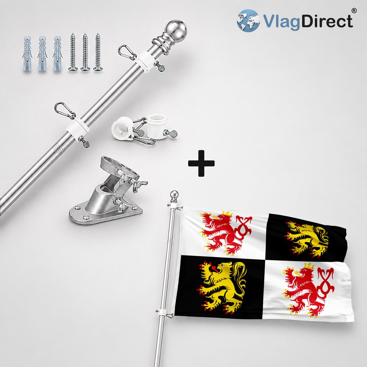 VlagDirect - Compleet vlaggenpakket - Zilveren vlaggenstok inclusief vlaggenstokhouder + Voerense vlag - Gemeente Voeren vlag - 90 x 150 cm.