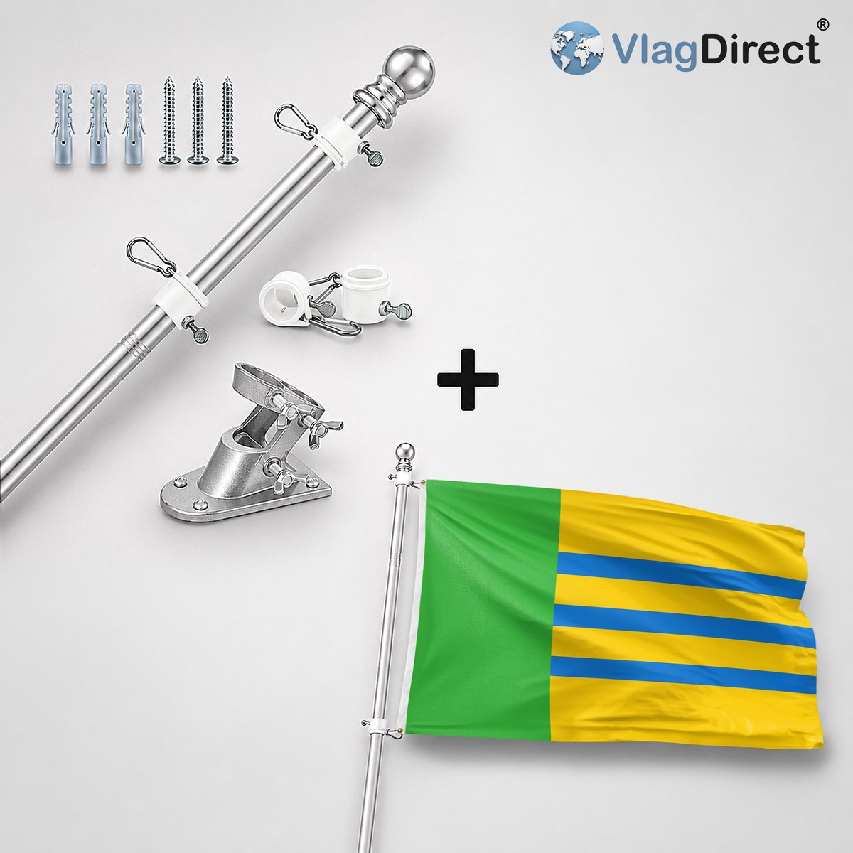 VlagDirect - Compleet vlaggenpakket - Zilveren vlaggenstok inclusief vlaggenstokhouder + Woensdrecht vlag - Gemeente Woensdrecht vlag - 90 x 150 cm.