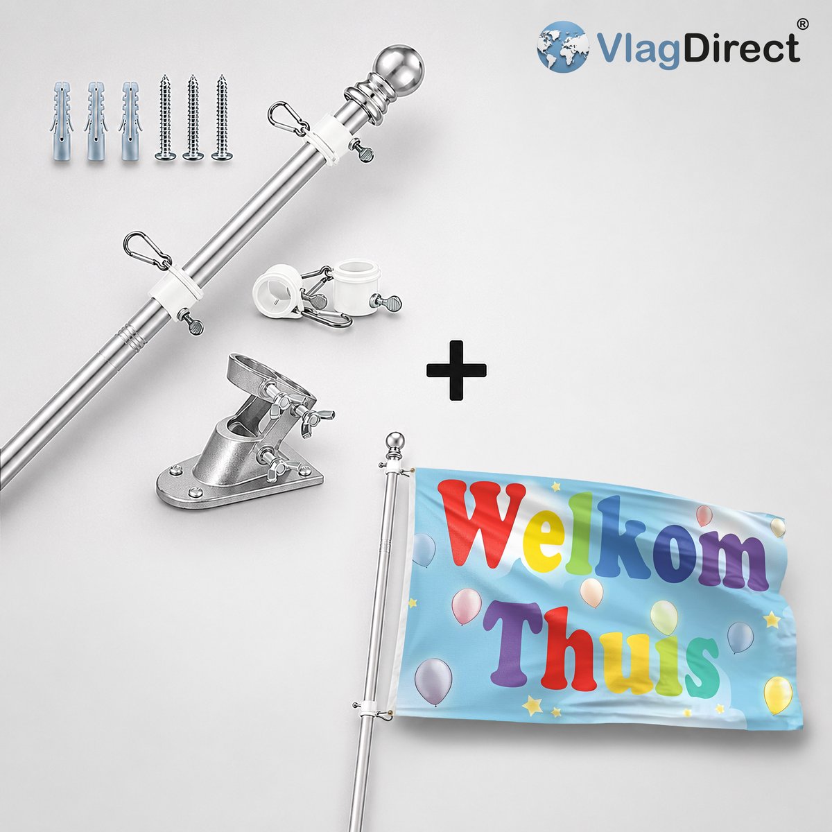 VlagDirect - Compleet vlaggenpakket - Zilveren vlaggenstok inclusief vlaggenstokhouder + Welkom thuis vlag - Welkom thuis versiering vlag - 90 x 150 cm.
