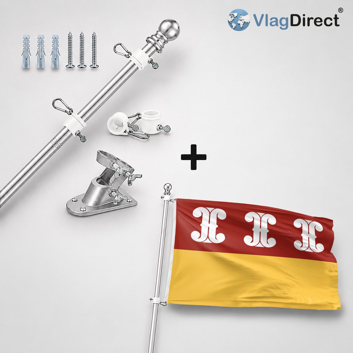 VlagDirect - Compleet vlaggenpakket - Zilveren vlaggenstok inclusief vlaggenstokhouder + Wijk bij Duurstede vlag - Gemeente Wijk bij Duurstede vlag - 90 x 150 cm.