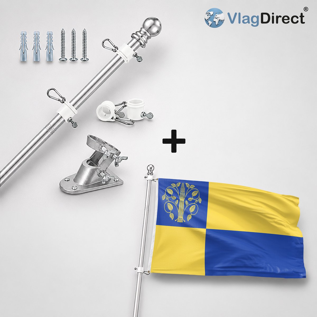 VlagDirect - Compleet vlaggenpakket - Zilveren vlaggenstok inclusief vlaggenstokhouder + Westerwolde vlag - Gemeente Westerwolde vlag - 90 x 150 cm.