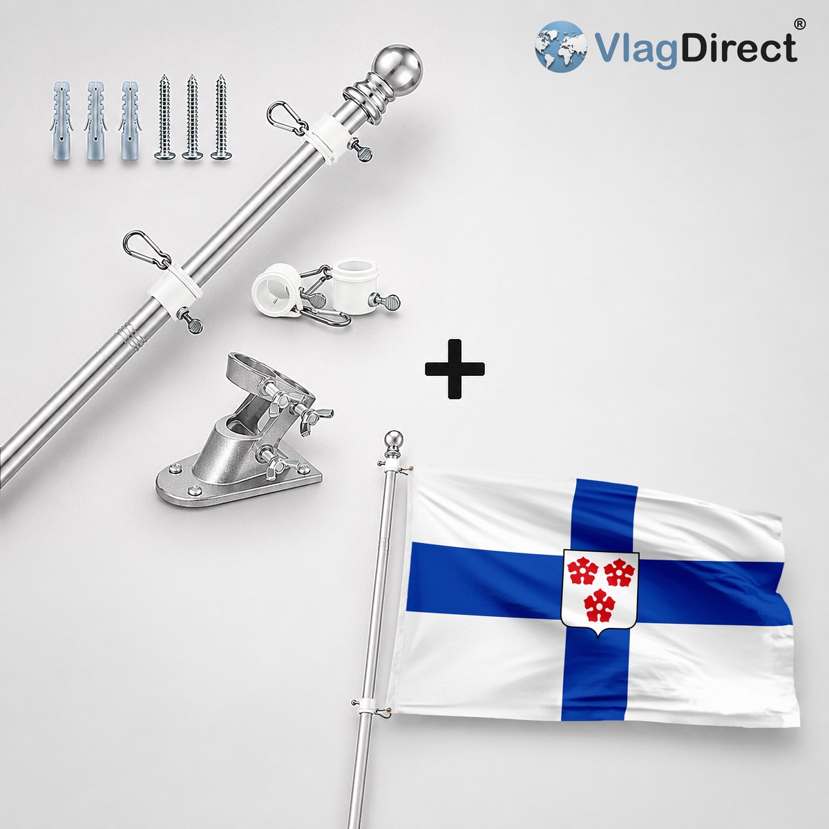 VlagDirect - Compleet vlaggenpakket - Zilveren vlaggenstok inclusief vlaggenstokhouder + Wortegem-Petegemse vlag - Gemeente Wortegem-Petegem vlag - 90 x 150 cm.