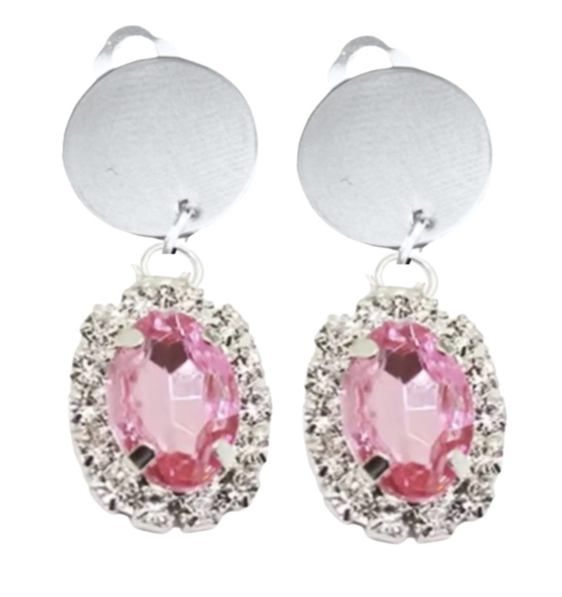 Clip oorbellen -Roze Strass zilverkleur Ximena 3.5 cm- geen gaatje- Charme Bijoux