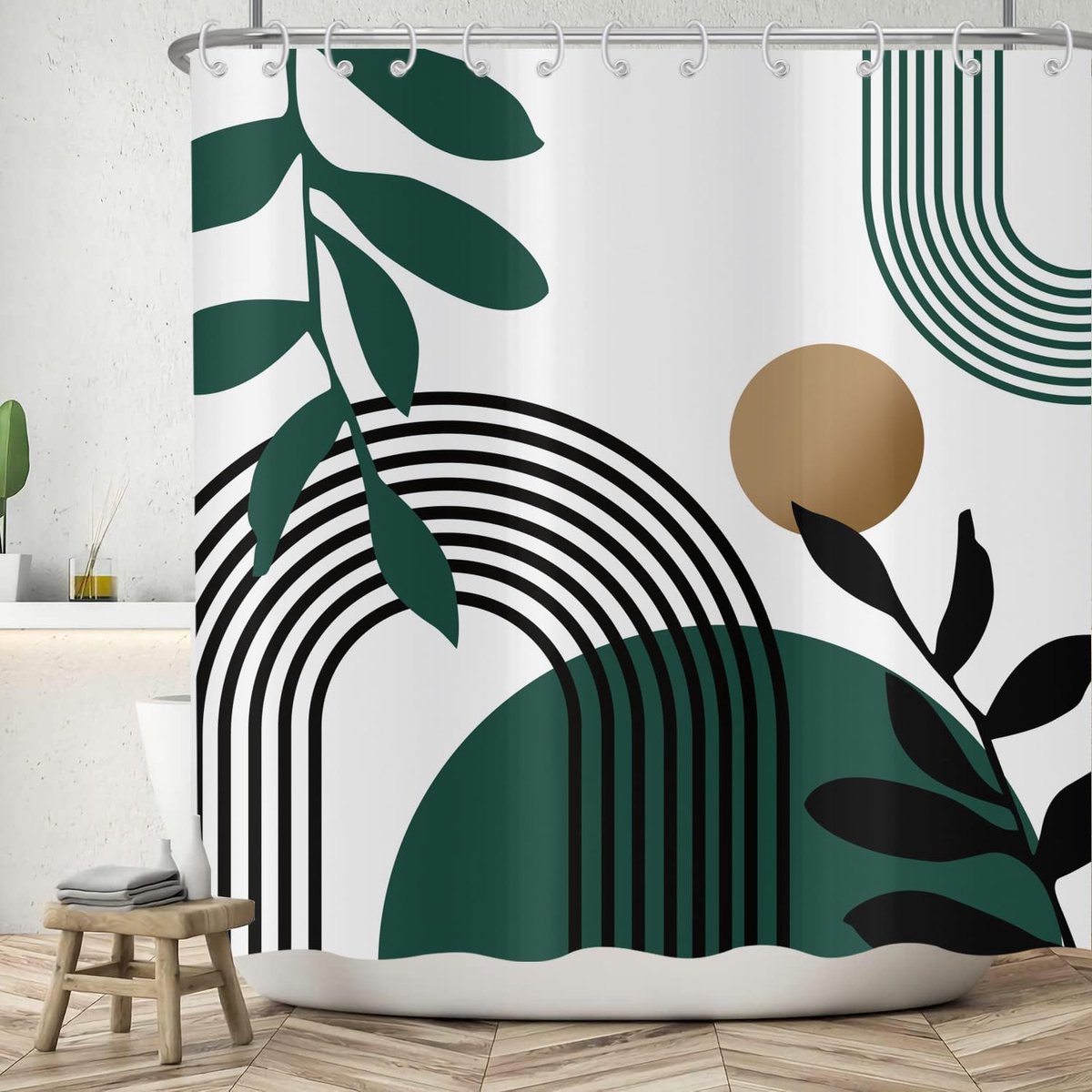 Douchegordijn 180 x 180 cm - Modern Abstract Boho Stijl - Zwarte Groene Bladeren Bruine Zon - Waterdicht en Wasbaar - ShopVlot