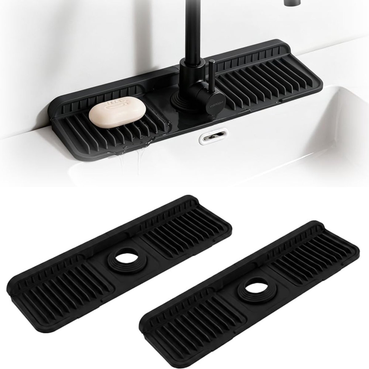 Siliconen Kraanmat - Zwart - 45 x 14 cm - Opvouwbare Afdruipmat met Knoopbevestiging - Voor Kranen van 40-70 mm