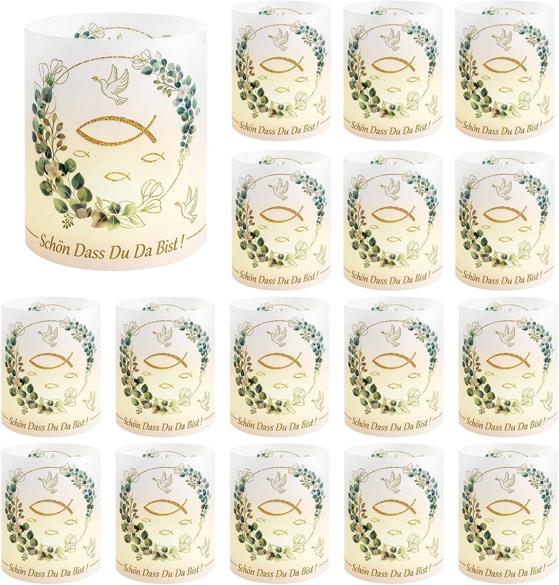 Windlichten tafeldecoratie 16 stuks - eucalyptus groen - hoogwaardig pvc - voor verjaardagen - ShopVlot
