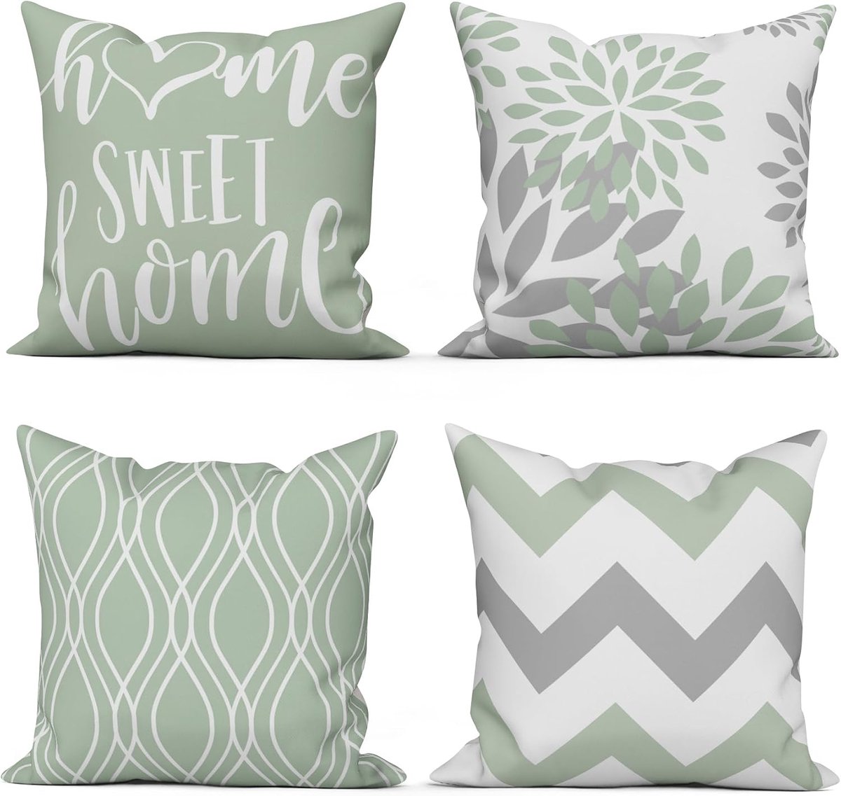 Kussenhoezen 40 x 40 cm Set van 4 - Modern Groen Wit Geometrisch Patroon - Wasbaar Polyester Linnen - ShopVlot