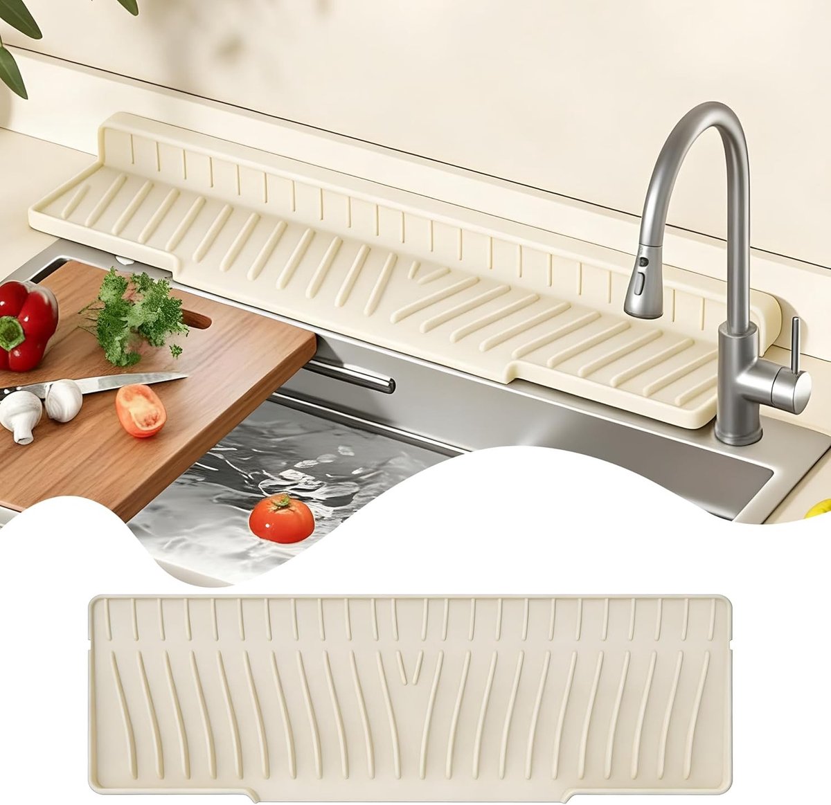 Siliconen Afvoermat - Beige - 48 x 15 cm - Opvouwbare Spatbeschermer voor Kraan - Voor Keuken en Badkamer