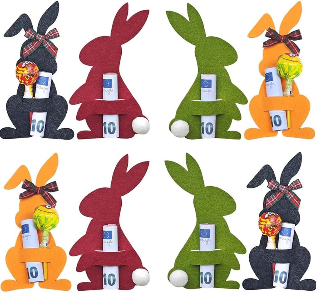 Set van 8 vilten paashazen - 2 schattige stijlen - inclusief accessoires - perfect voor geldgeschenken - ShopVlot