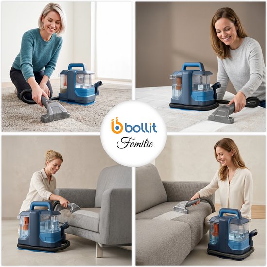 Collage van 4 afbeeldingen: vrouwen gebruiken de blauwe en grijze tapijtreiniger op een tapijt, matras en banken.