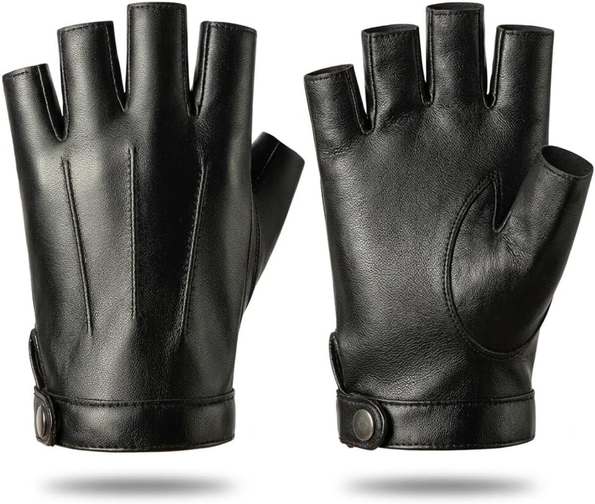 Vingerloze leren handschoenen voor heren - zwart PU leer - drukknopsluiting - ideaal voor motoren - ShopVlot