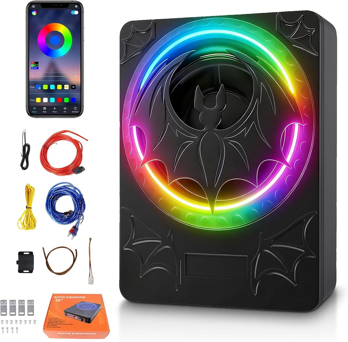 Autosubwoofer 1200 W - Dunne subwoofer 10 inch - RGB-verlichting met ritme-synchronisatie - Ideaal voor onder de stoel - ShopVlot