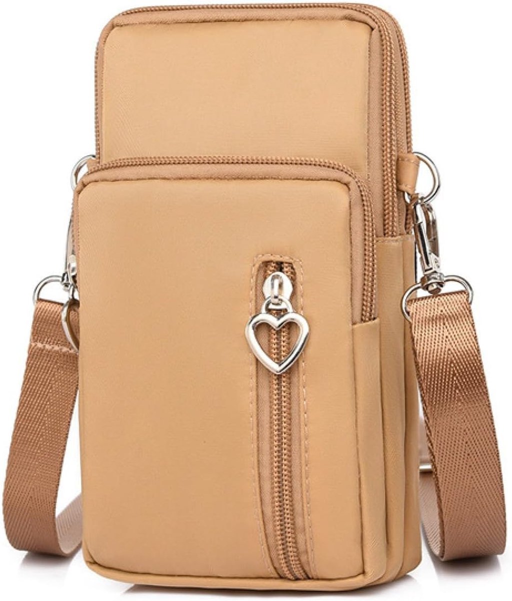 Mobiele telefoonhoesje schoudertas - nylon - khaki - praktische hoofdtelefoon toegang - ShopVlot