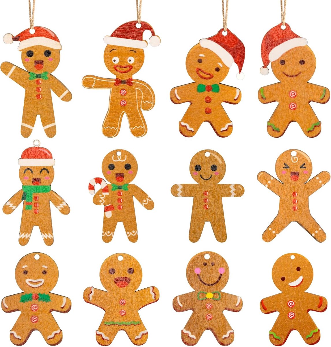 Houten Kerstboomdecoraties 12 stuks - Peperkoekmannetjes Hangers - Duurzaam materiaal - Perfect voor feestelijke sfeer - ShopVlot