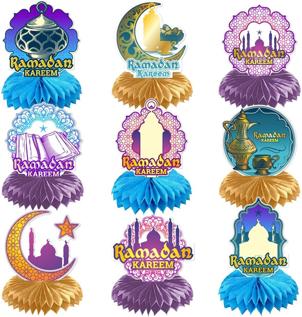 Honeycomb decoraties 9-delig - 3D dubbelzijdig - Ramadan en Eid Mubarak - Feestelijke tafelversiering - ShopVlot
