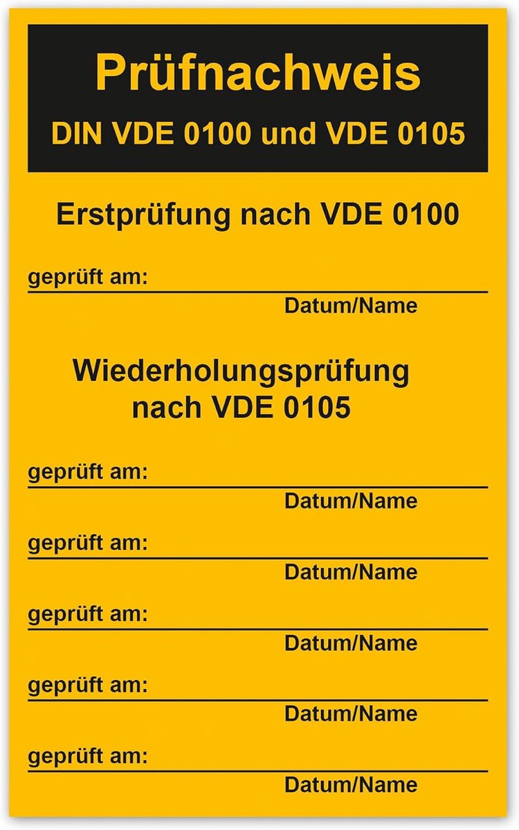 Testplaatje DIN VDE 0100/0105 - zelfklevende sticker 130 x 80 mm - voor eerste en herhalingstests - ShopVlot