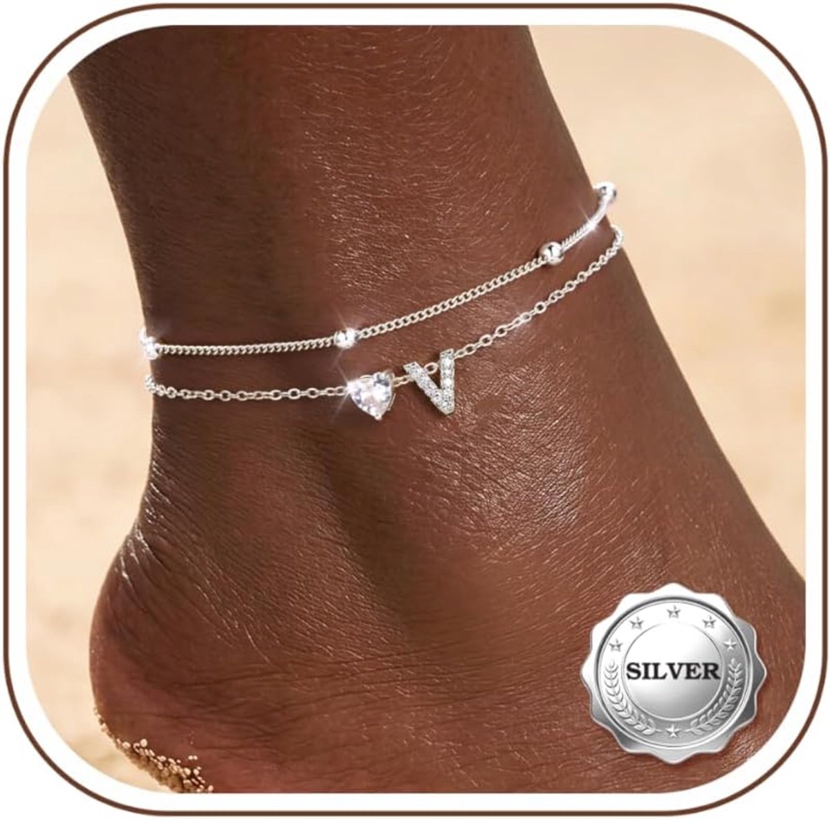 KRFY Enkelarmbanden voor vrouwen, waterdicht, zilver, zirkonia, initiaalarmband, voor vrouwen, hart enkelbandjes - ShopVlot
