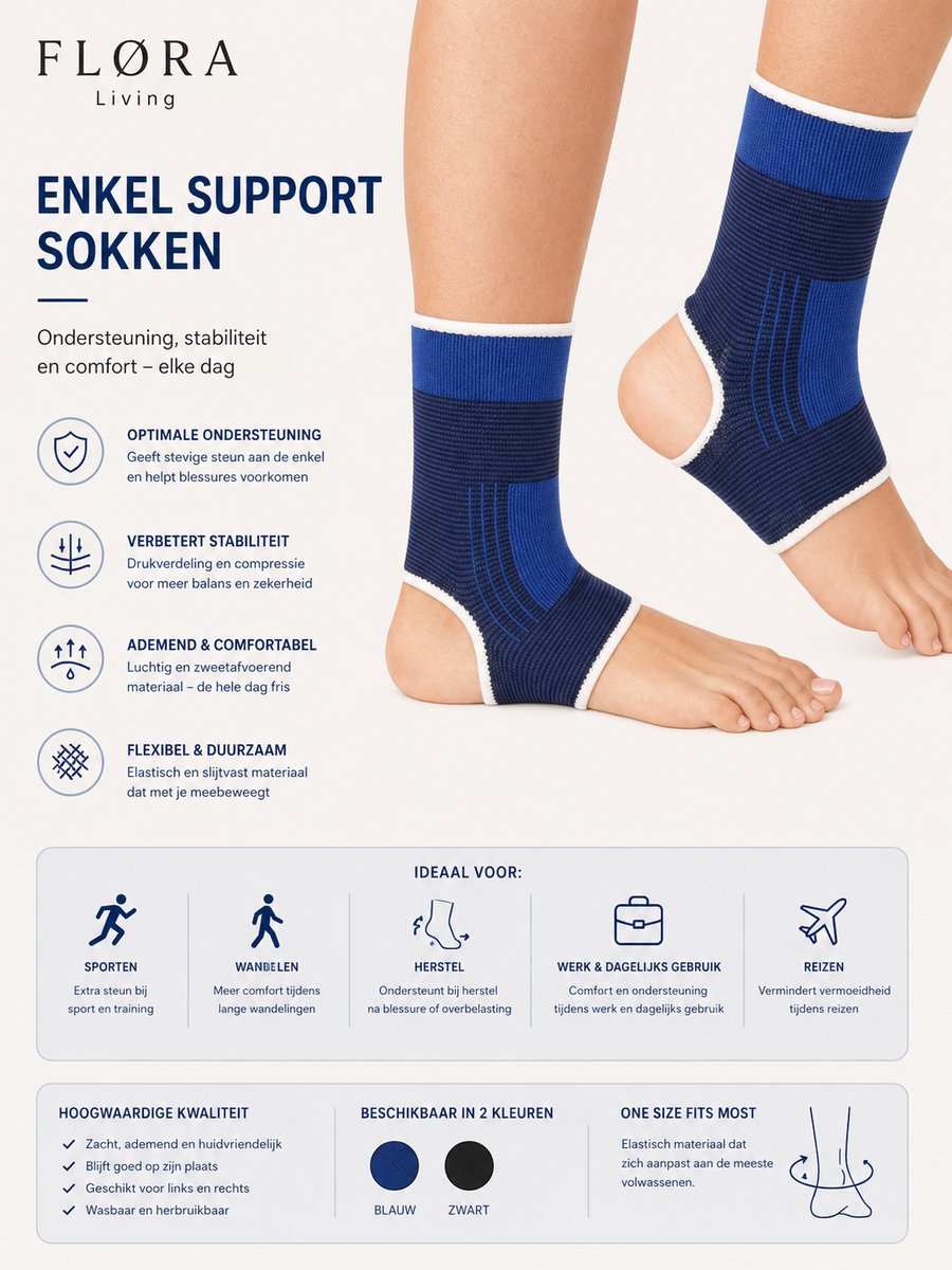FLØRA Living Enkelbrace – 1 Paar – Elastische Steunkous voor Enkel – Compressieband voor Sporters – Blessurepreventie & Herstel – One Size – Blauw