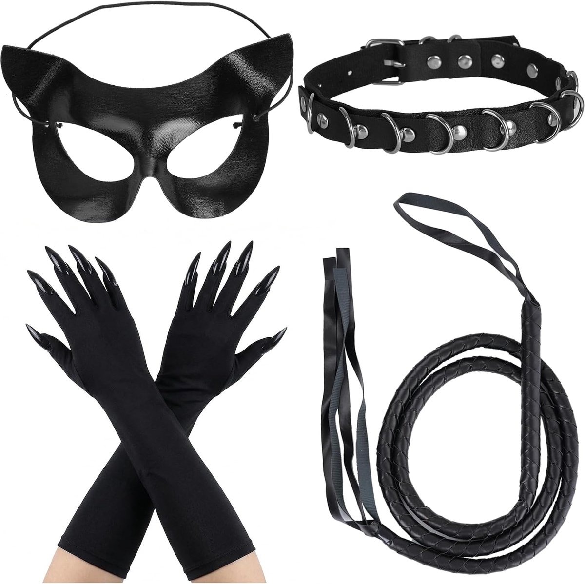 Kattenkostuum voor dames, 4 stuks, carnavalskostuum, kattenkostuum, accessoires met kattenmasker, handschoenen, zweep - ShopVlot