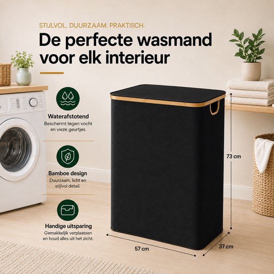 Zwarte, rechthoekige wasmand met deksel en bamboe accenten, naast een wasmachine.