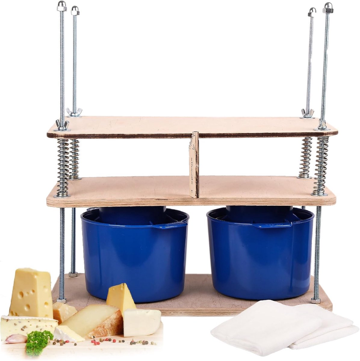 Cheese press for making cheese 40.6 cm - Cheese maker set with wooden cheese press and 2 cheese moulds 0.48 gal - ShopVlot