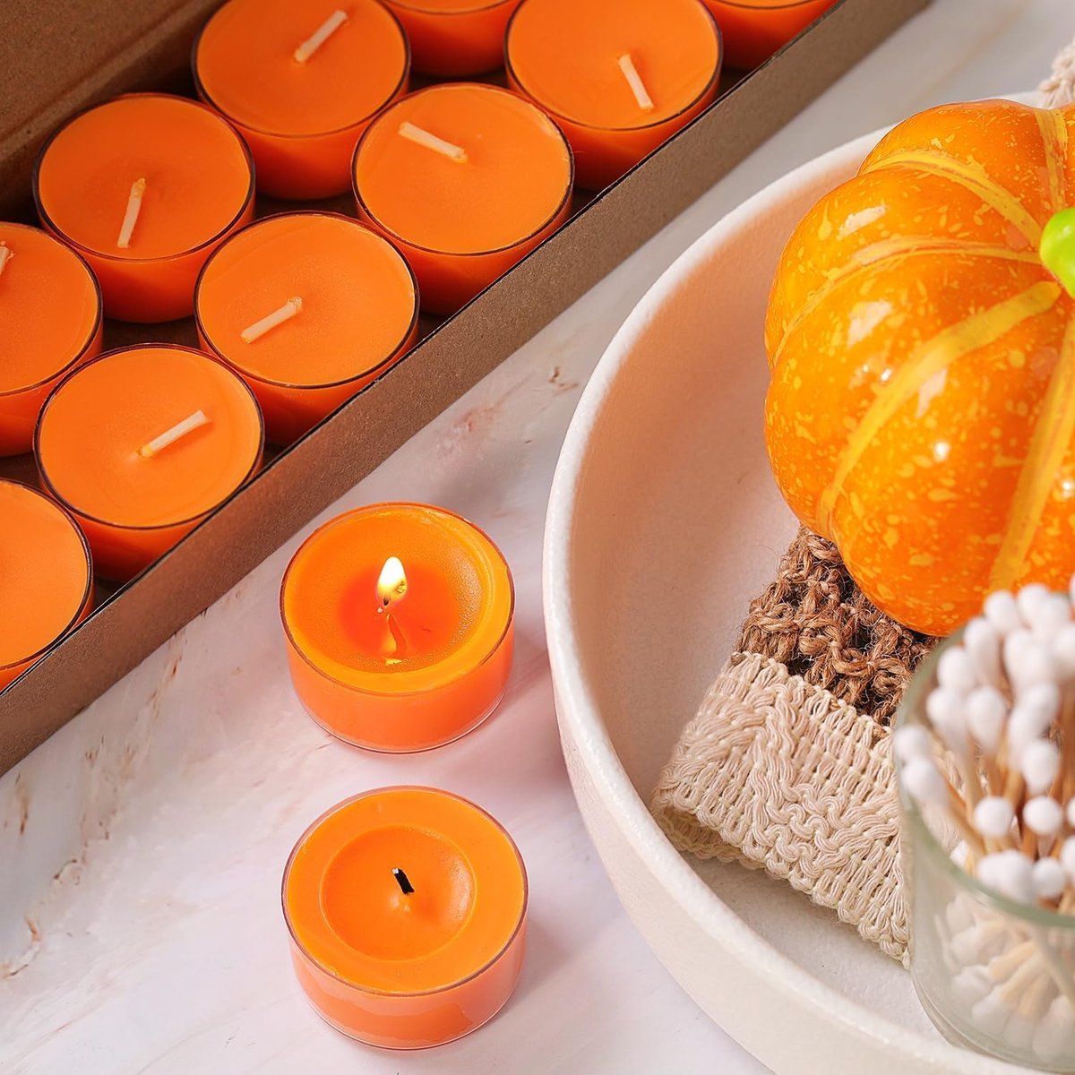 LETINE Cinnamon Pumpkin Scented Candle, Tea Lights, 14 Pieces, Orange Palm Wax, Fragrance Lamps, 6 Hours Burning Time - ShopVlot