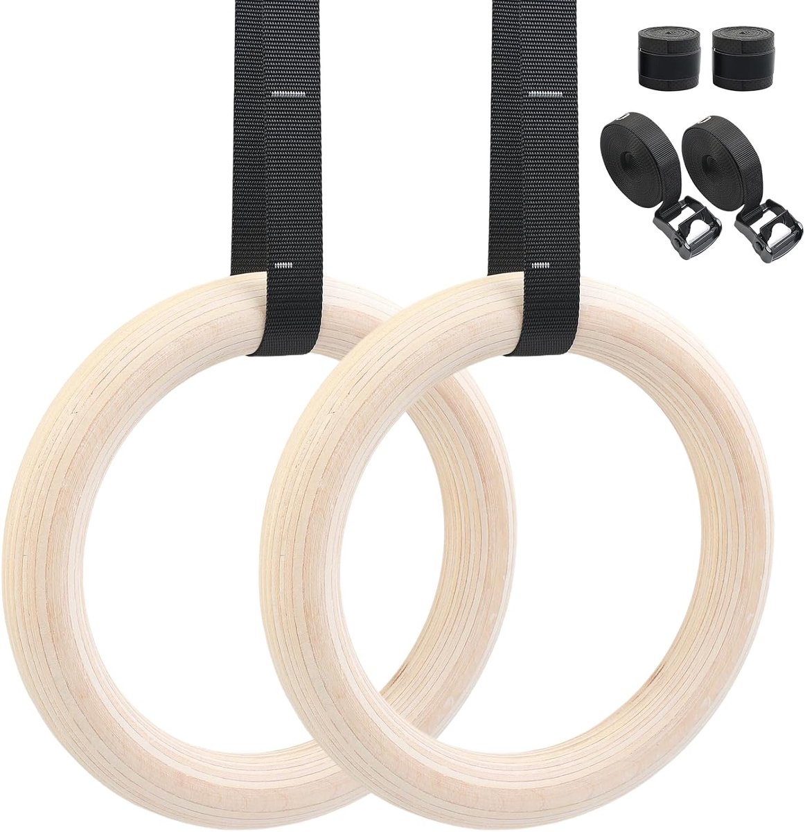 Turnringen, houten gymnastiekringen, ringen, turnen, voor fitness, met zeer sterke nylon riemen met snelsluitingen - ShopVlot