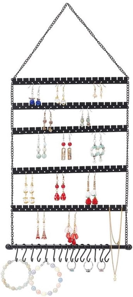 Aan de muur hangende sieradenorganizer, hangende oorbellenkettinghouder, wandhouder voor oorbellen, hangende oorbellenorganizer met ophanghaken voor oorbellen, kettingen en armbanden
