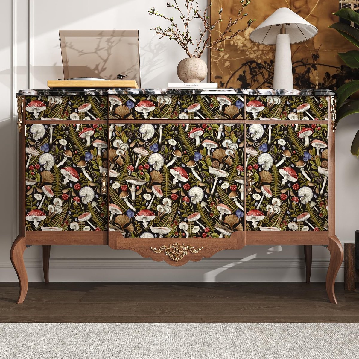Solidchoice - Zelfklevend Vintage Paddenstoelen Behang 44,5 cm x 200 cm